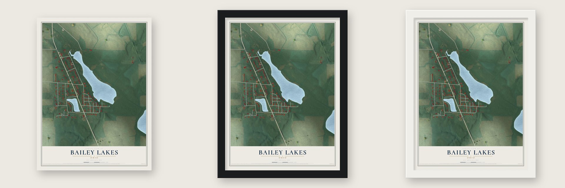 Bailey Lakes, Ohio map unframed, in a black wood frame and in a white wood frame