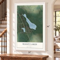 Bailey Lakes, Ohio map, 24 x 36 inch print in a white frame by a staircase