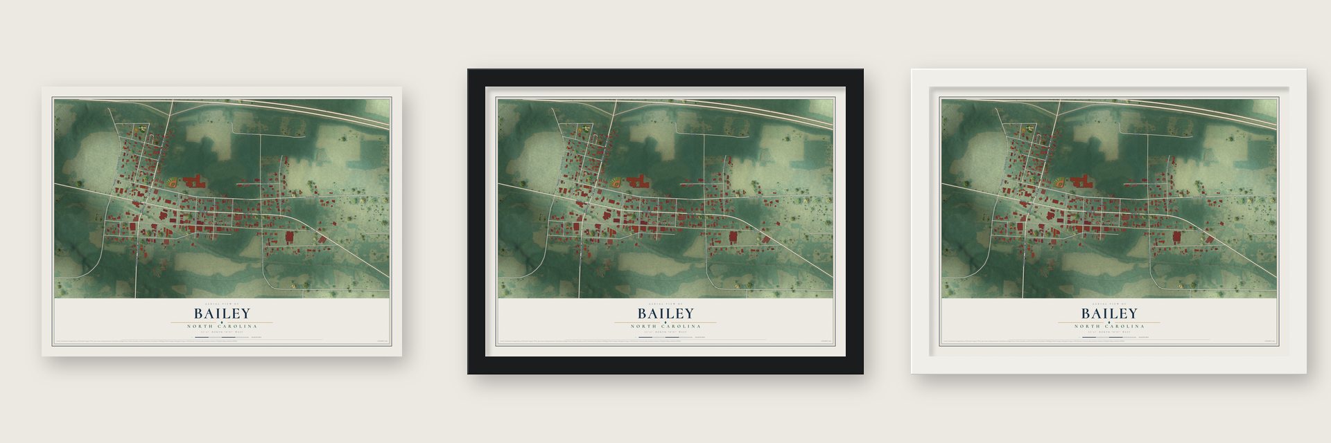 Bailey, North Carolina map unframed, in a black wood frame and in a white wood frame