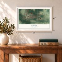 Bailey, North Carolina map, 12 x 18 inch print in a white frame in an entryway