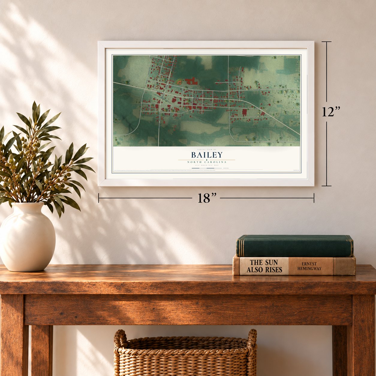 Bailey, North Carolina map, 12 x 18 inch print in a white frame in an entryway