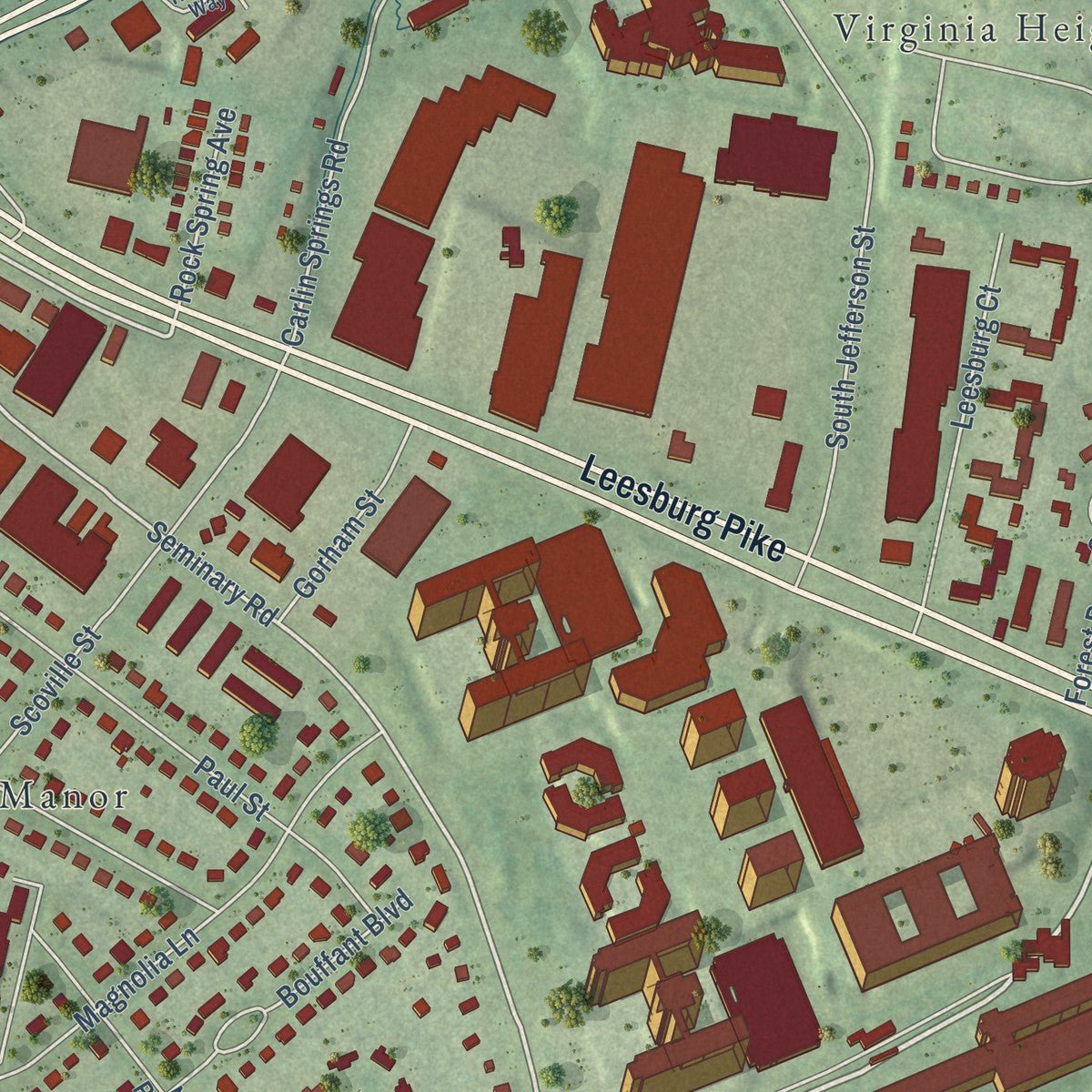 Second close-up of the map of Bailey's Crossroads, Virginia print showing more streets and buildings