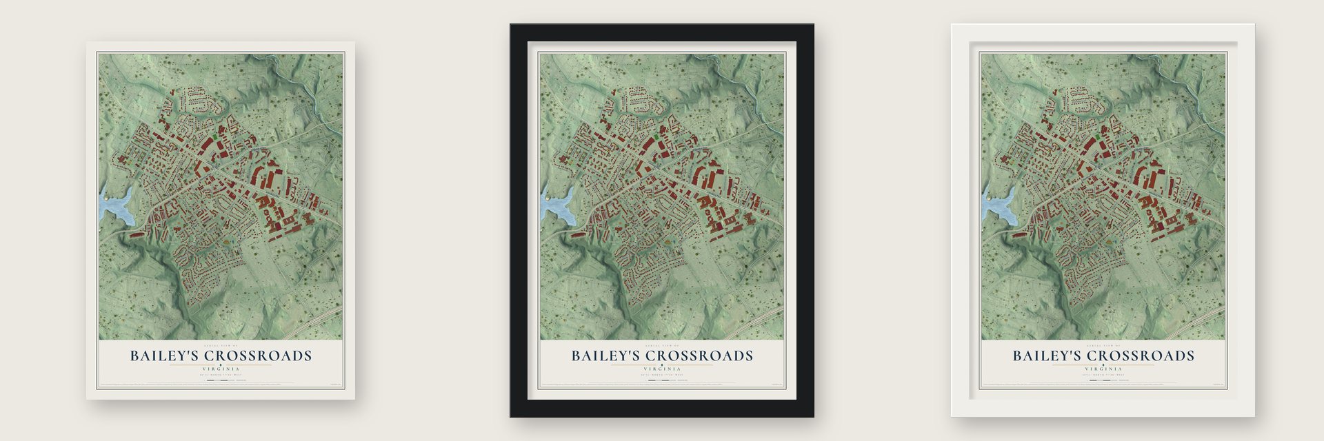 Bailey's Crossroads, Virginia map unframed, in a black wood frame and in a white wood frame