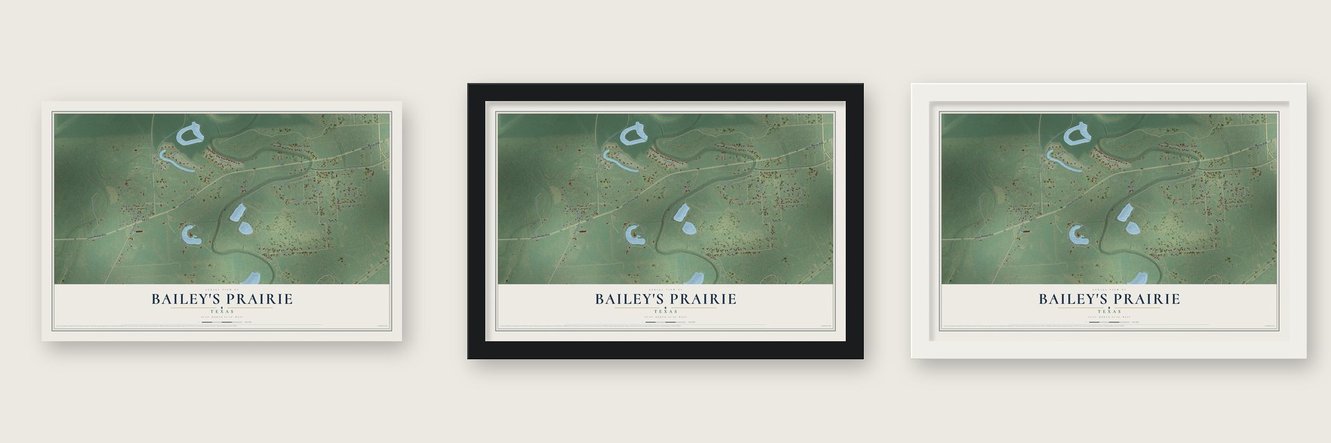 Bailey's Prairie, Texas map unframed, in a black wood frame and in a white wood frame