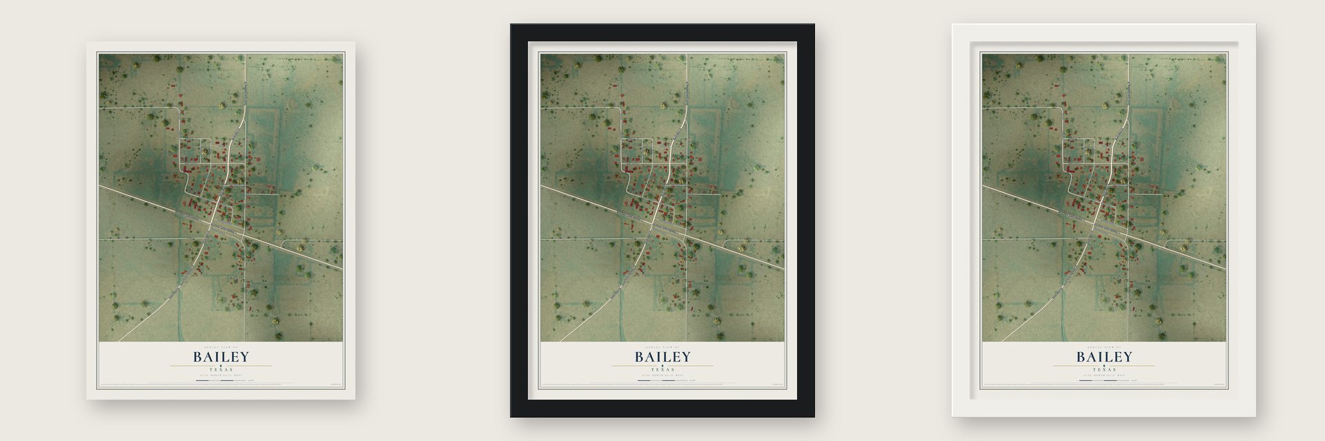 Bailey, Texas map unframed, in a black wood frame and in a white wood frame