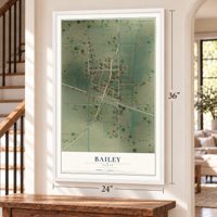 Bailey, Texas map, 24 x 36 inch print in a white frame by a staircase