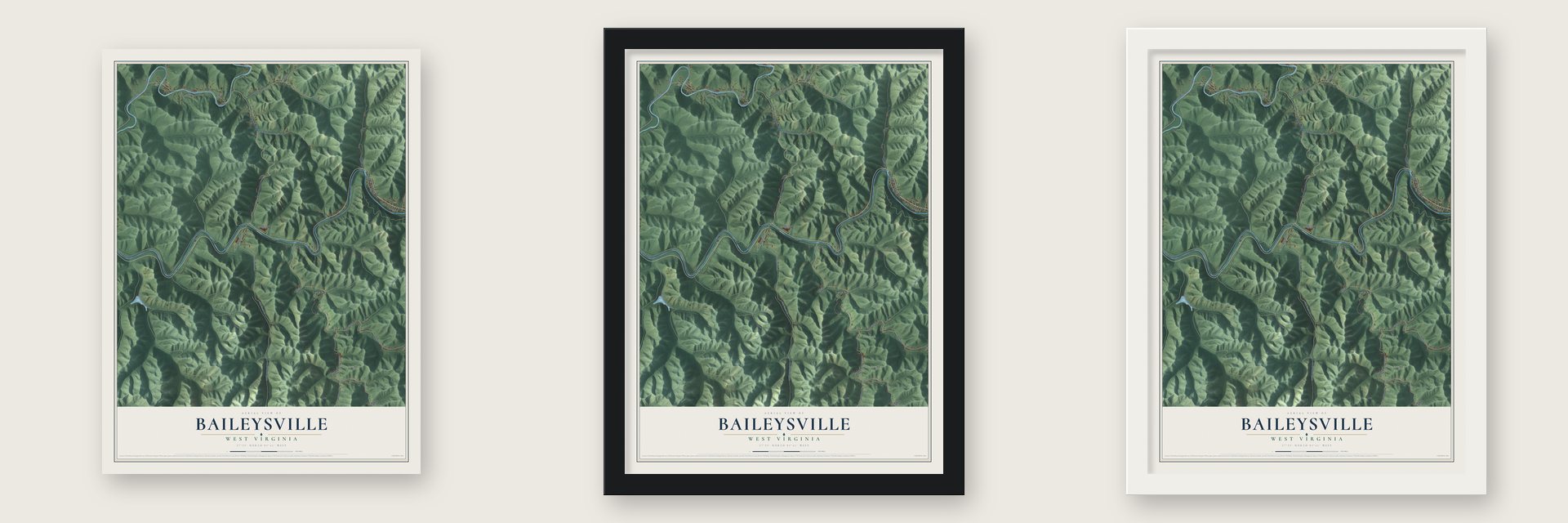 Baileysville, West Virginia map unframed, in a black wood frame and in a white wood frame