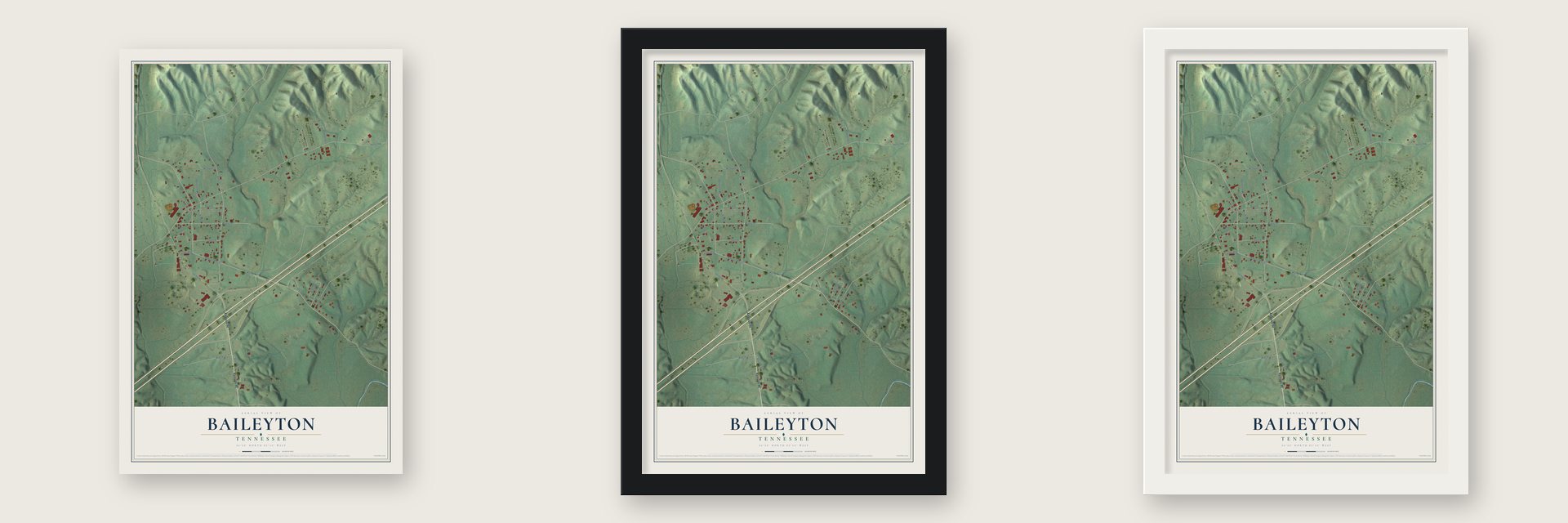 Baileyton, Tennessee map unframed, in a black wood frame and in a white wood frame