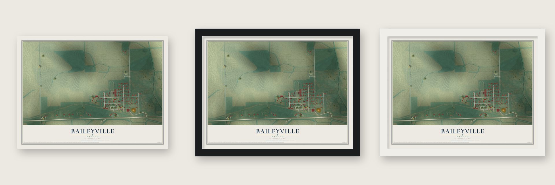 Baileyville, Kansas map unframed, in a black wood frame and in a white wood frame