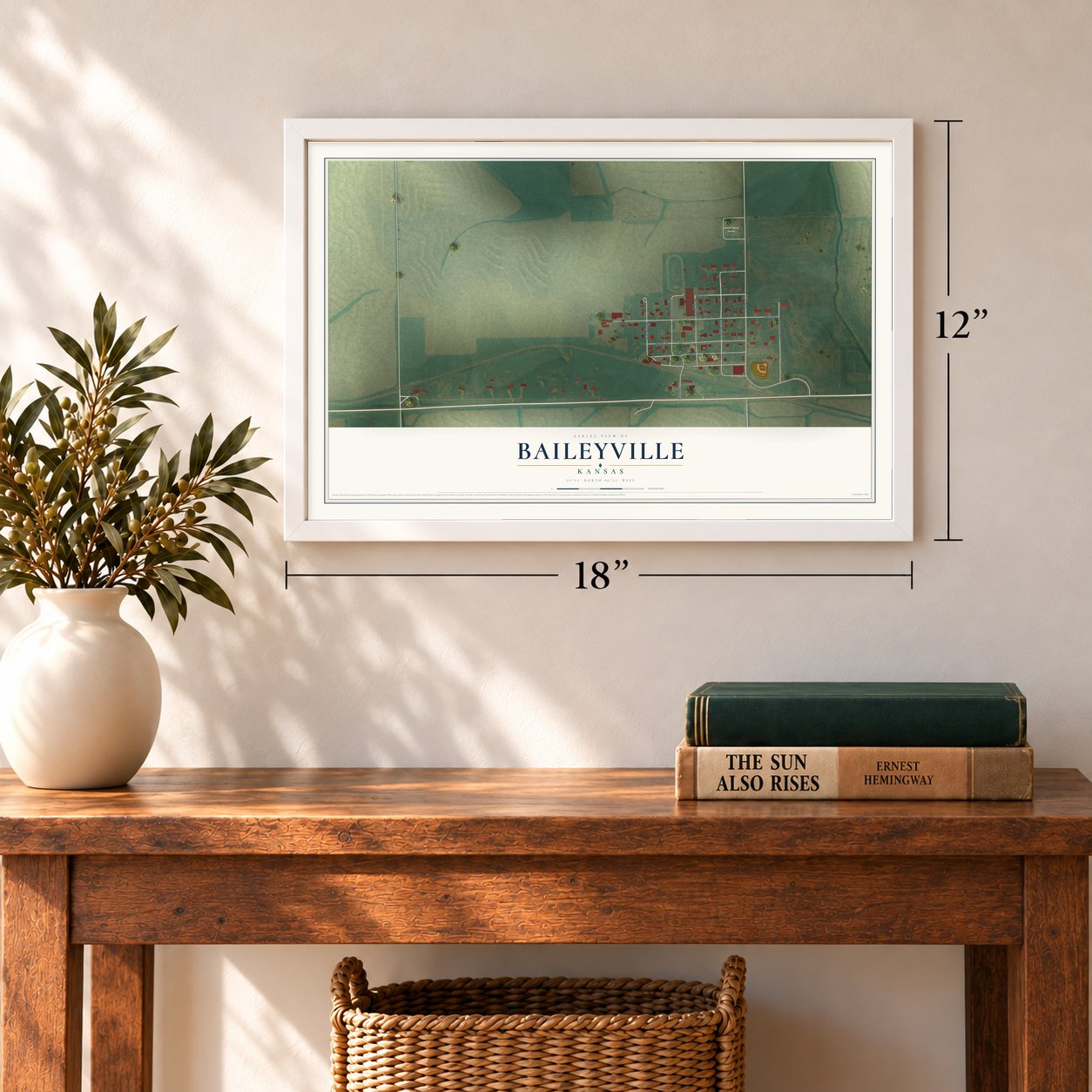 Baileyville, Kansas map, 12 x 18 inch print in a white frame in an entryway