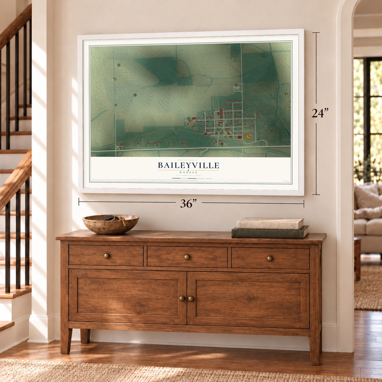Baileyville, Kansas map, 24 x 36 inch print in a white frame above a dresser by a staircase