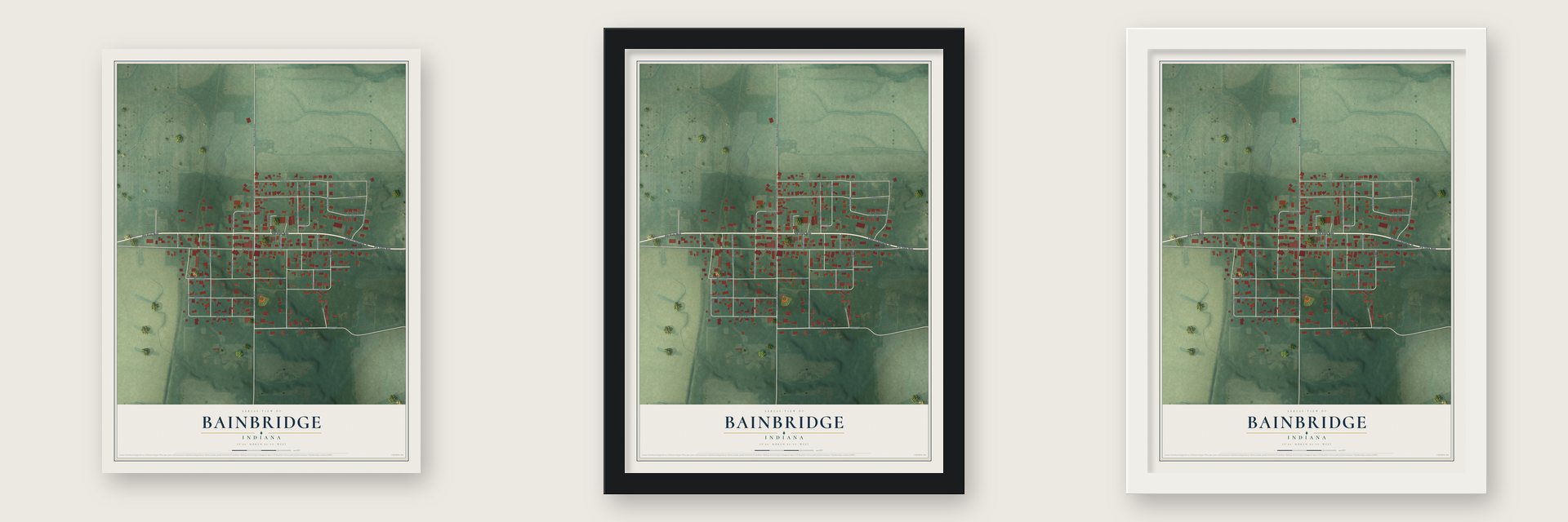 Bainbridge, Indiana map unframed, in a black wood frame and in a white wood frame