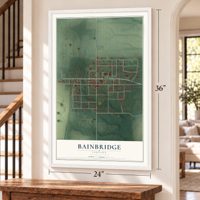 Bainbridge, Indiana map, 24 x 36 inch print in a white frame by a staircase