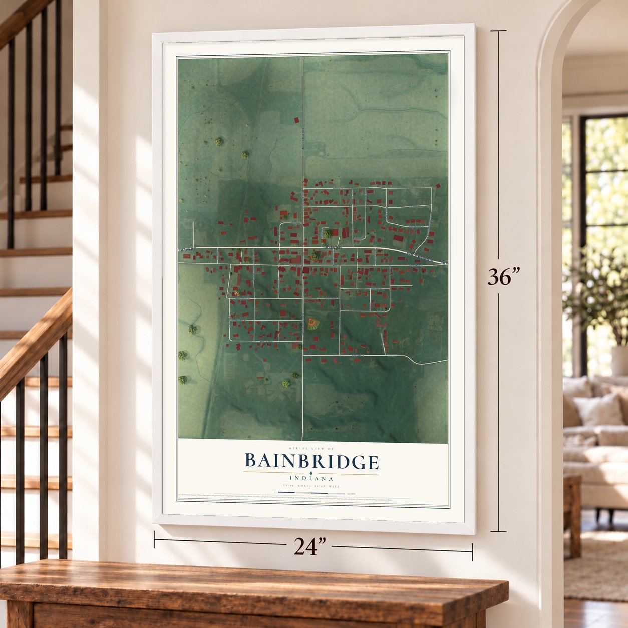 Bainbridge, Indiana map, 24 x 36 inch print in a white frame by a staircase