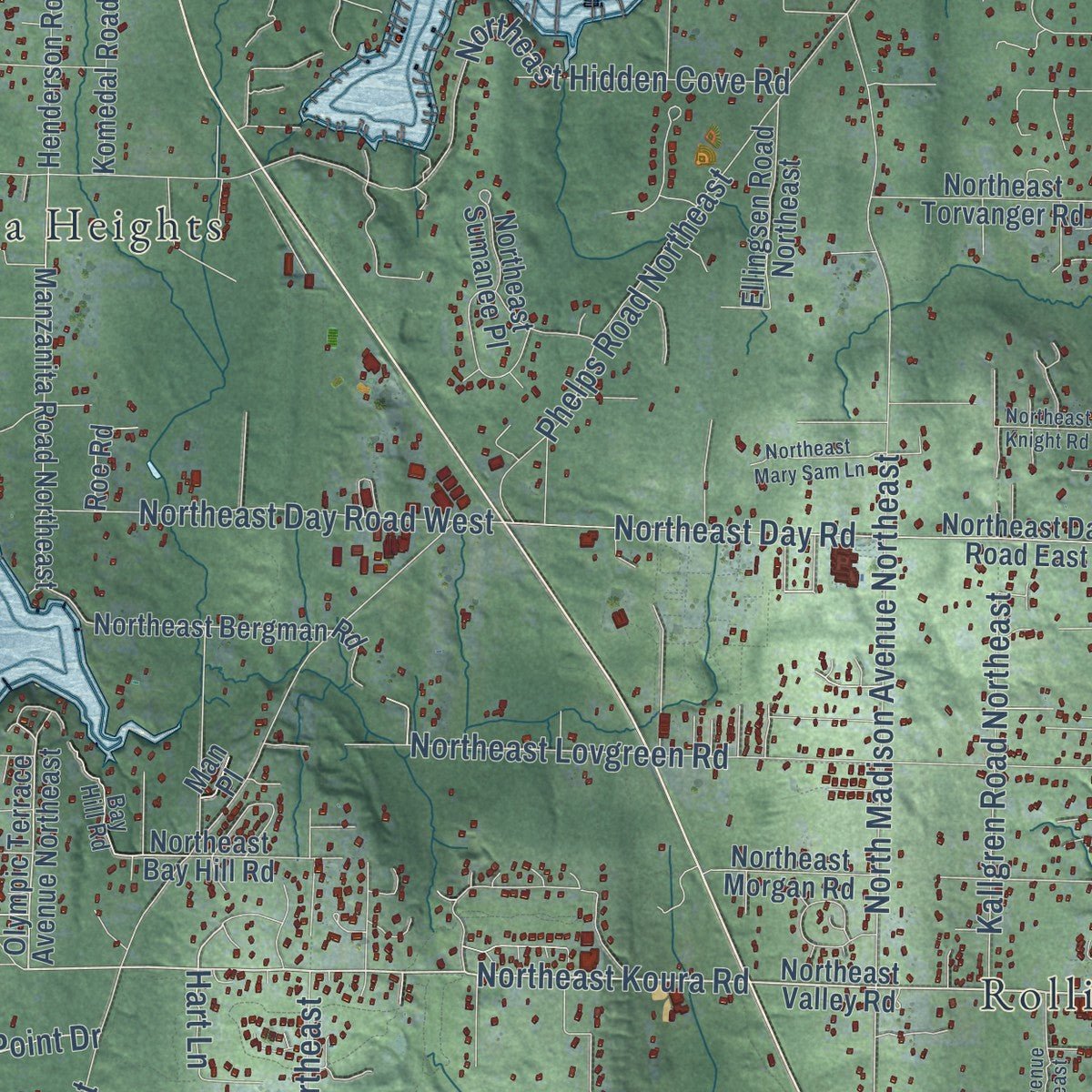 Second close-up of the map of Bainbridge Island, Washington print showing more streets and buildings