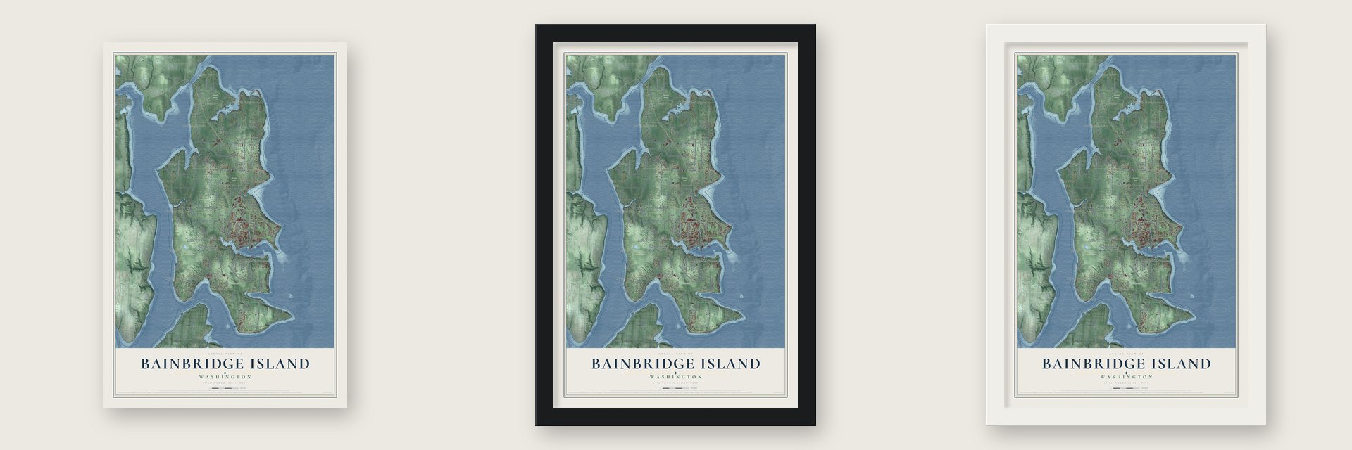 Bainbridge Island, Washington map unframed, in a black wood frame and in a white wood frame