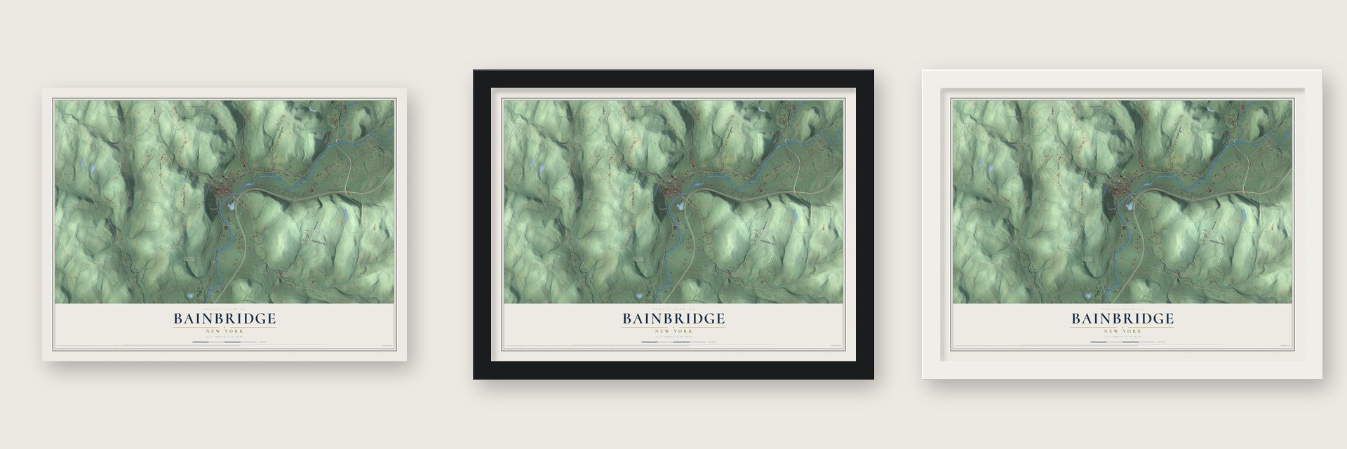 Bainbridge, New York map unframed, in a black wood frame and in a white wood frame