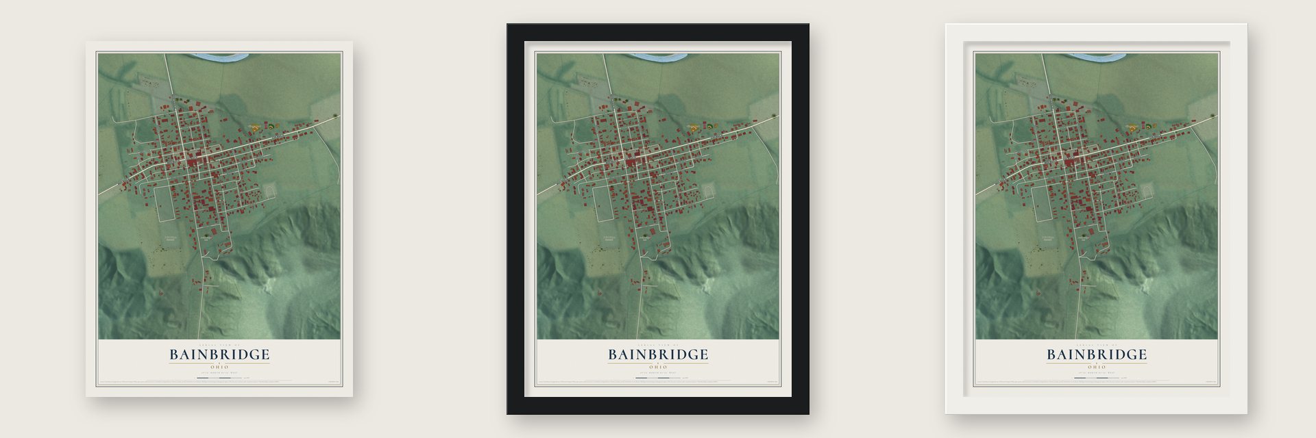 Bainbridge, Ohio map unframed, in a black wood frame and in a white wood frame