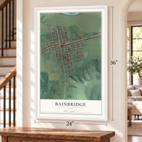 Bainbridge, Ohio map, 24 x 36 inch print in a white frame by a staircase