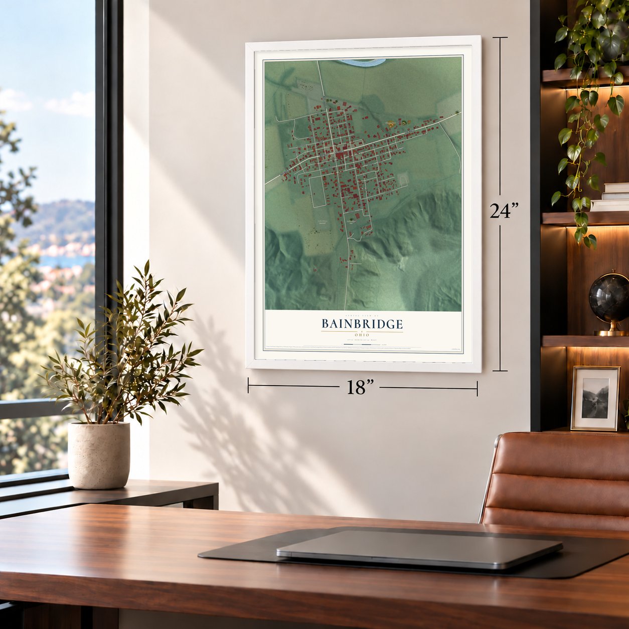 Bainbridge, Ohio map, 18 x 24 inch print in a white frame in a home office