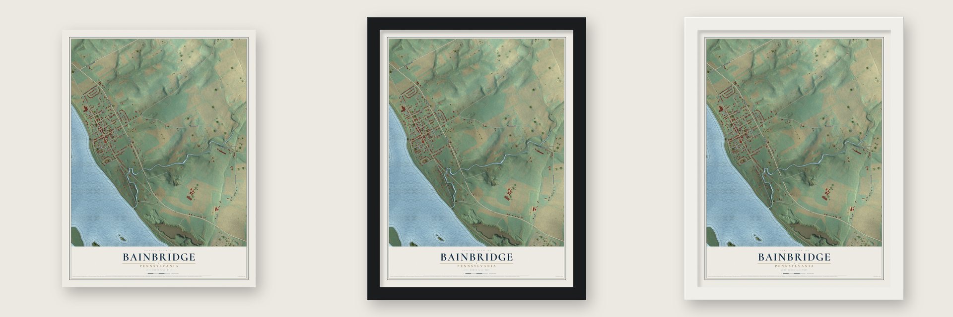 Bainbridge, Pennsylvania map unframed, in a black wood frame and in a white wood frame