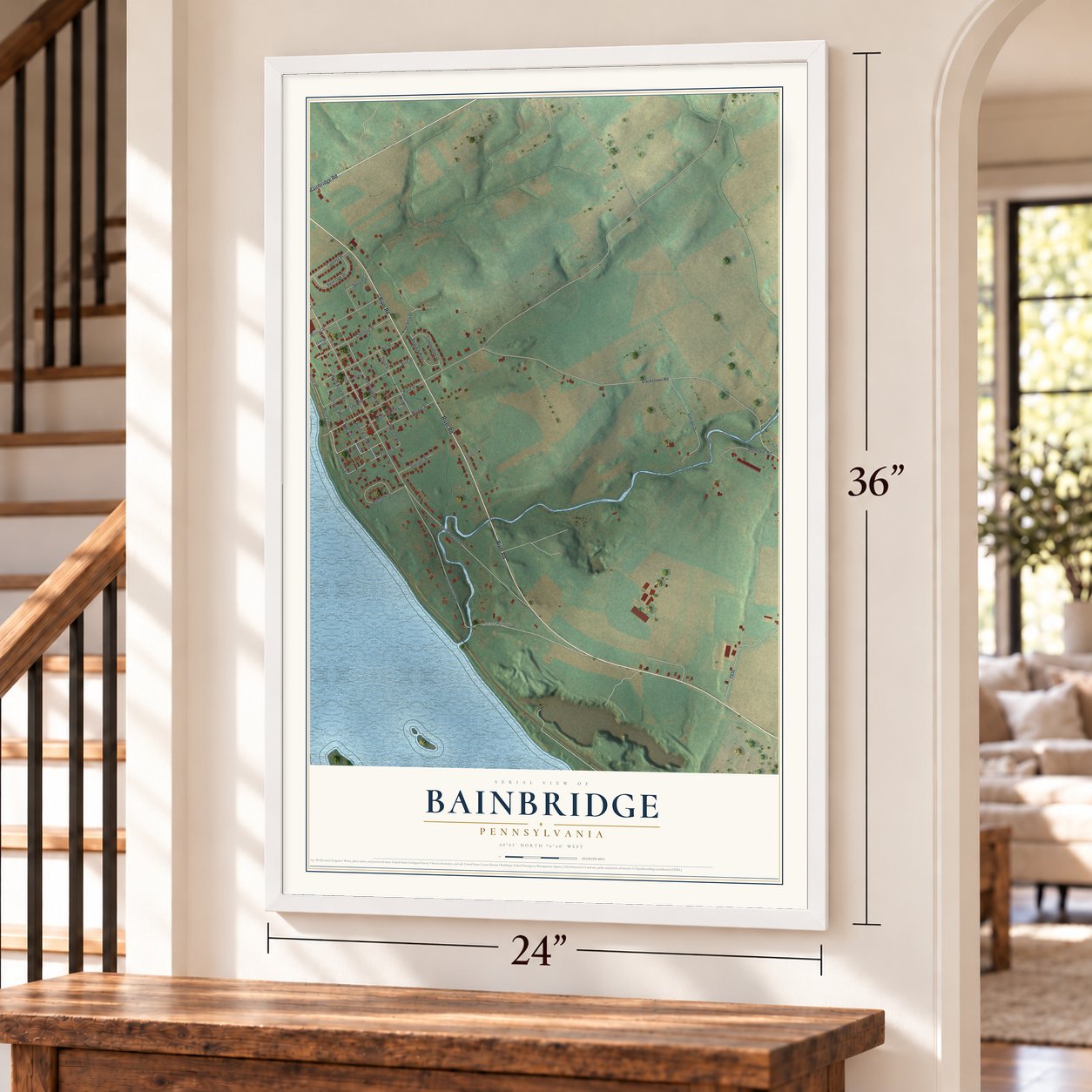 Bainbridge, Pennsylvania map, 24 x 36 inch print in a white frame by a staircase
