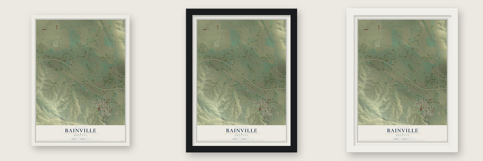 Bainville, Montana map unframed, in a black wood frame and in a white wood frame