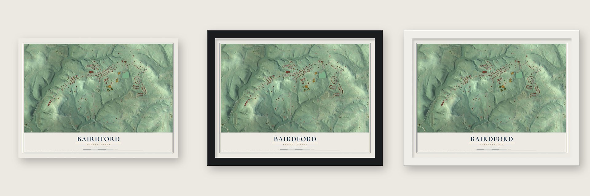 Bairdford, Pennsylvania map unframed, in a black wood frame and in a white wood frame