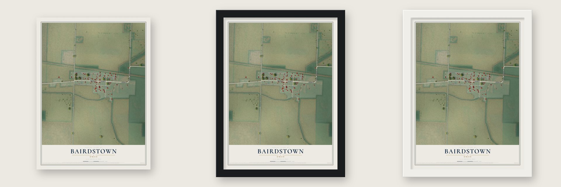 Bairdstown, Ohio map unframed, in a black wood frame and in a white wood frame