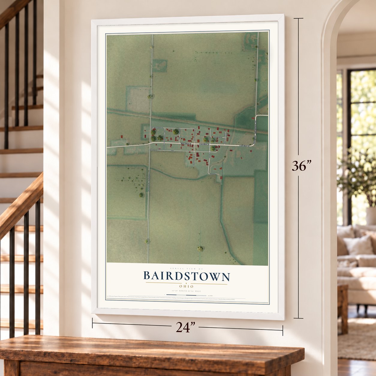Bairdstown, Ohio map, 24 x 36 inch print in a white frame by a staircase