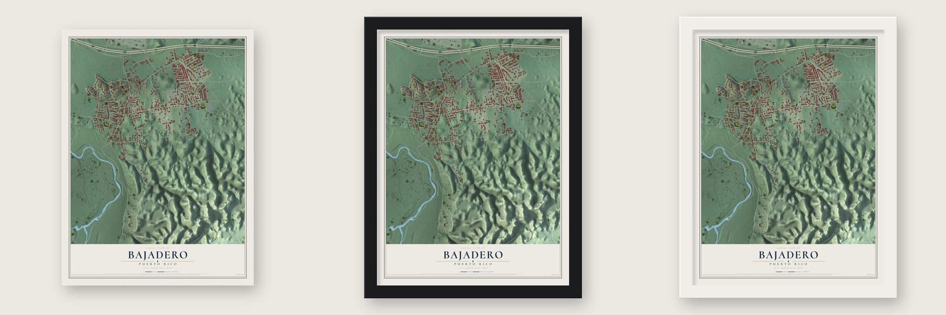 Bajadero, Puerto Rico map unframed, in a black wood frame and in a white wood frame