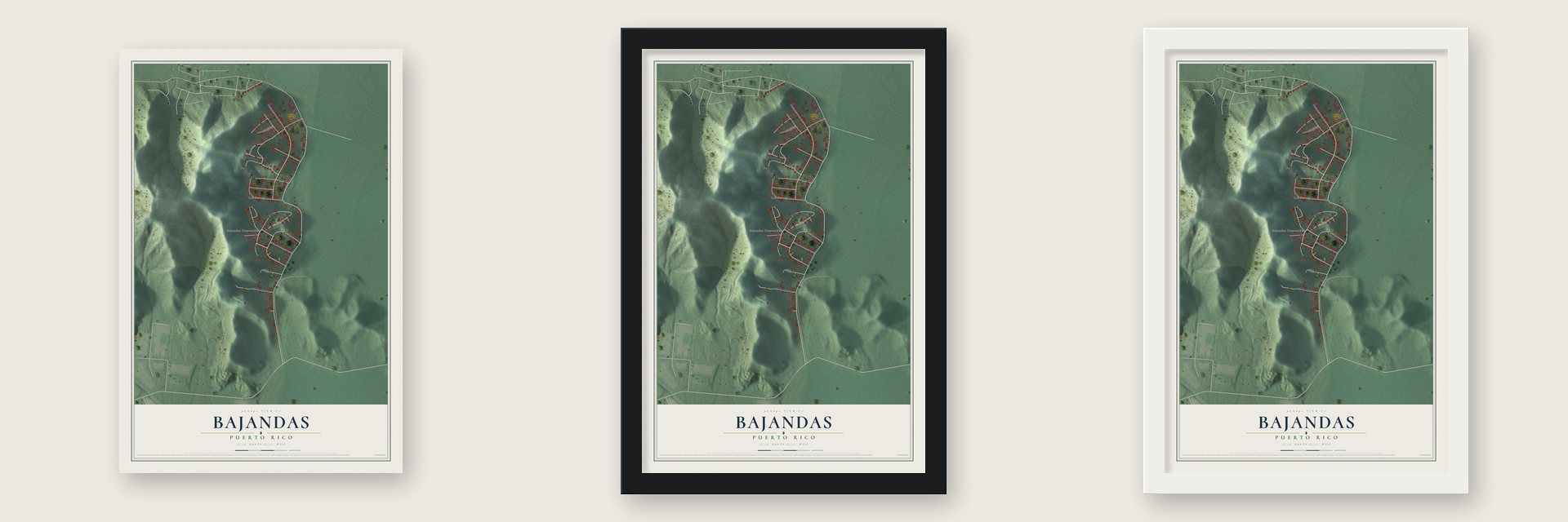 Bajandas, Puerto Rico map unframed, in a black wood frame and in a white wood frame