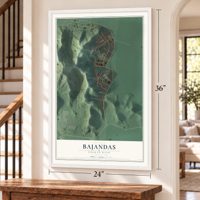Bajandas, Puerto Rico map, 24 x 36 inch print in a white frame by a staircase