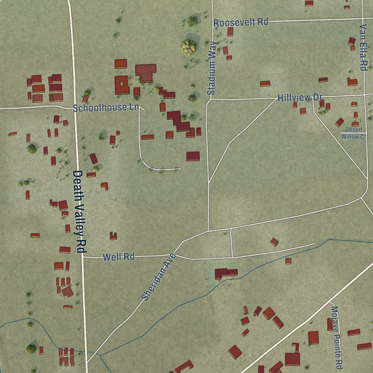 Second close-up of the map of Baker, California print showing more streets and buildings