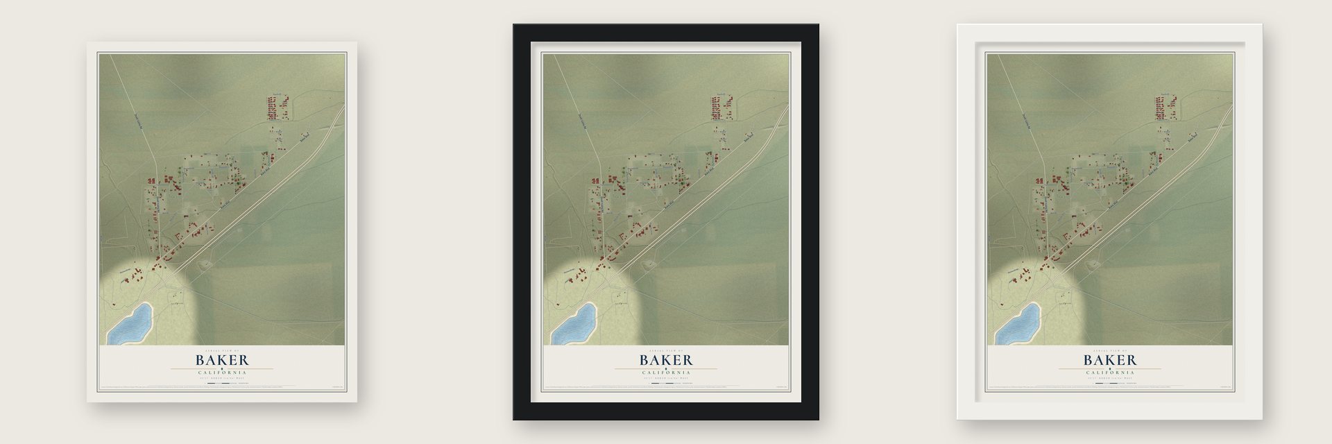 Baker, California map unframed, in a black wood frame and in a white wood frame