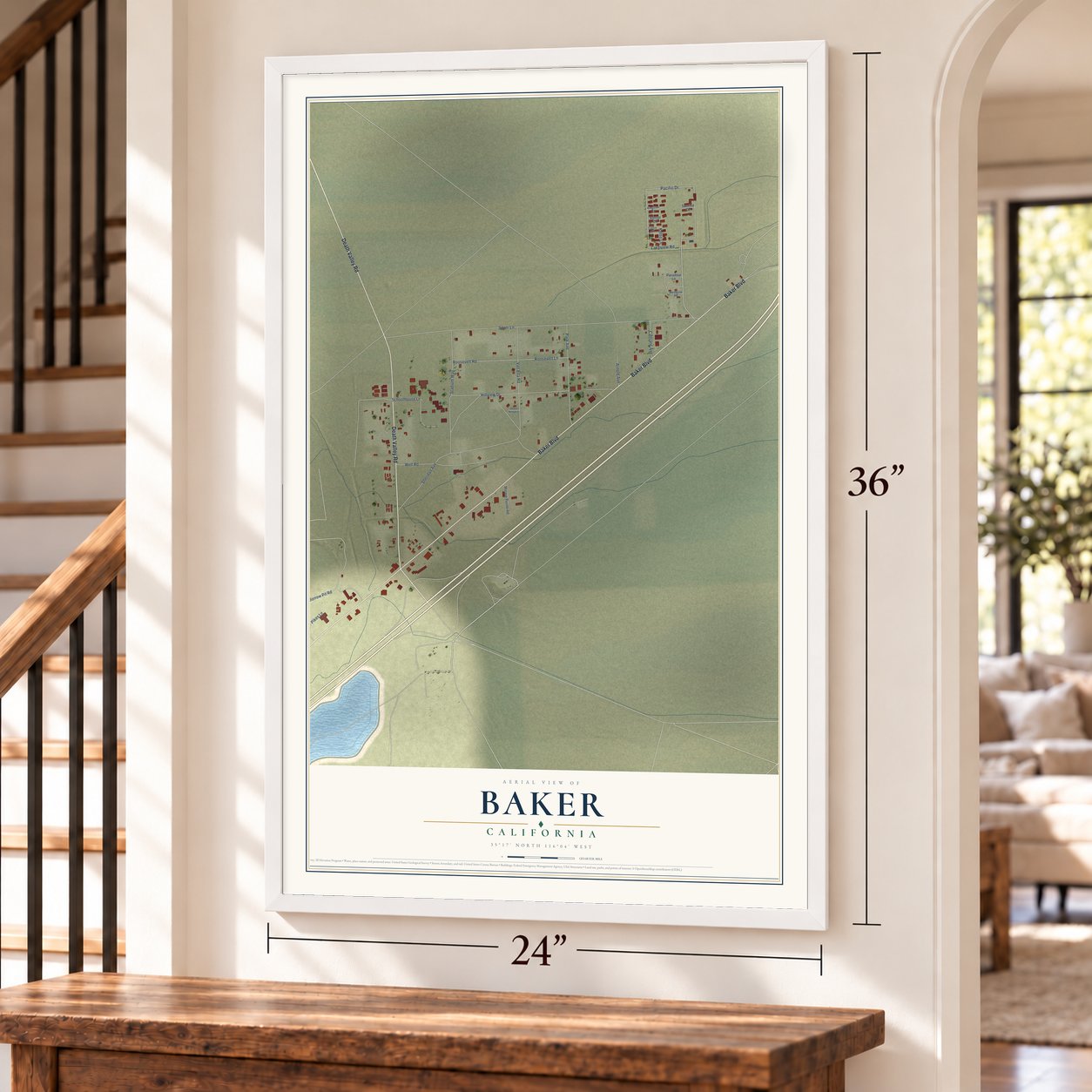 Baker, California map, 24 x 36 inch print in a white frame by a staircase
