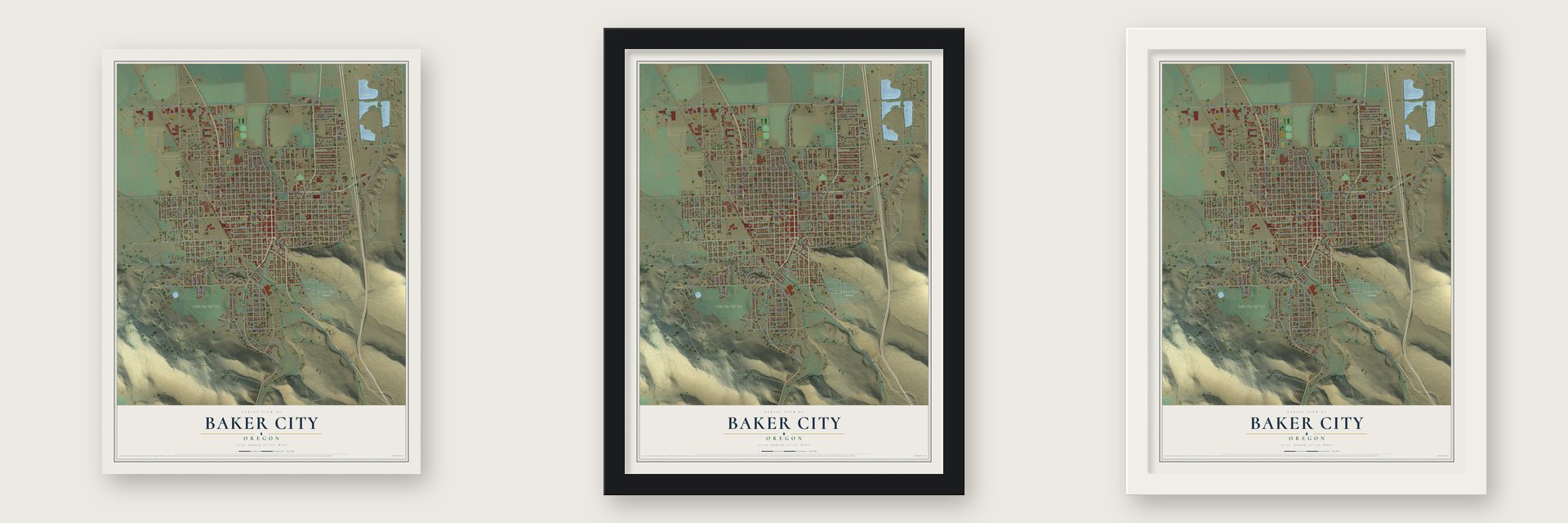 Baker City, Oregon map unframed, in a black wood frame and in a white wood frame