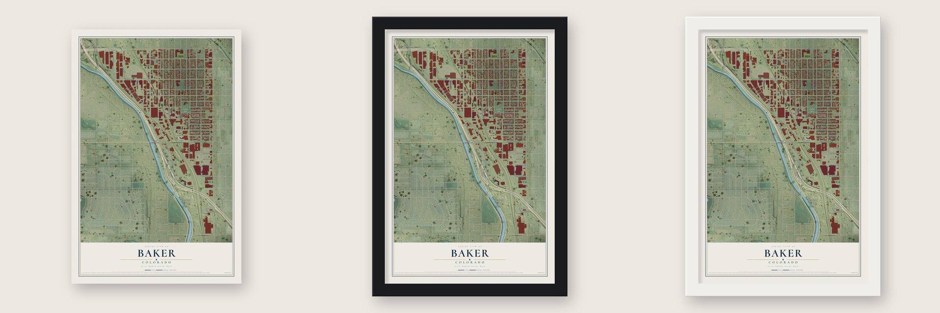 Baker, Colorado map unframed, in a black wood frame and in a white wood frame