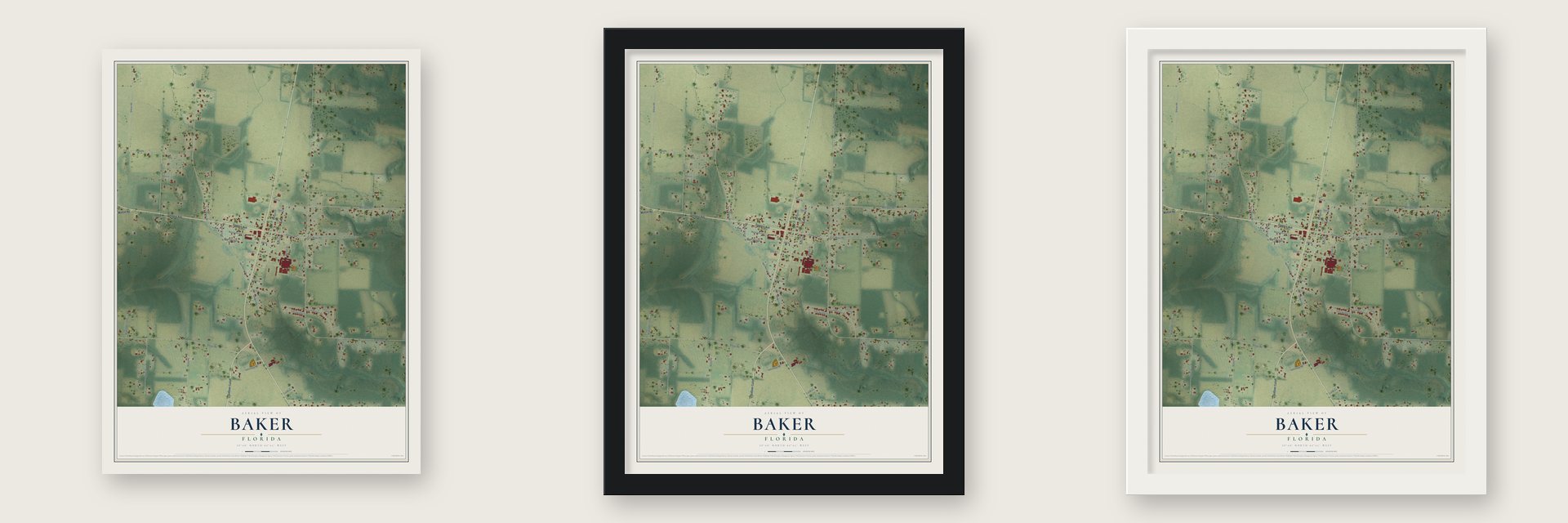 Baker, Florida map unframed, in a black wood frame and in a white wood frame
