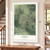 Baker, Florida map, 24 x 36 inch print in a white frame by a staircase