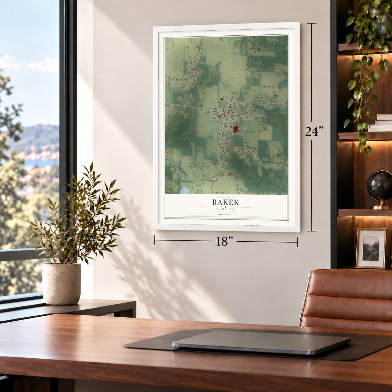Baker, Florida map, 18 x 24 inch print in a white frame in a home office