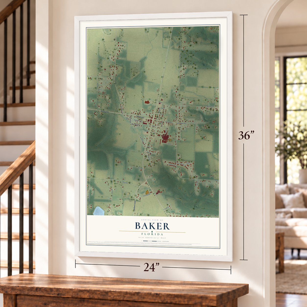 Baker, Florida map, 24 x 36 inch print in a white frame by a staircase