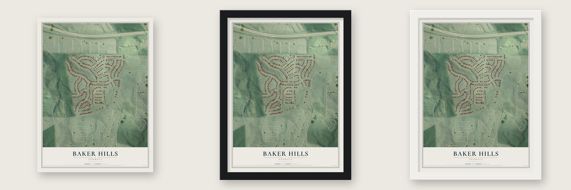 Baker Hills, Georgia map unframed, in a black wood frame and in a white wood frame