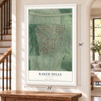 Baker Hills, Georgia map, 24 x 36 inch print in a white frame by a staircase