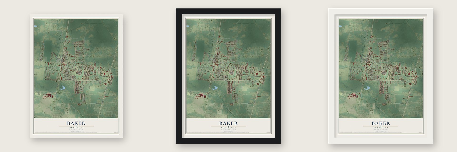 Baker, Louisiana map unframed, in a black wood frame and in a white wood frame