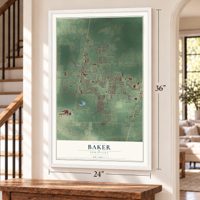 Baker, Louisiana map, 24 x 36 inch print in a white frame by a staircase