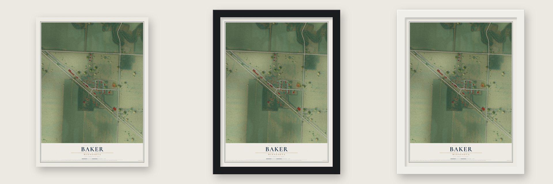Baker, Minnesota map unframed, in a black wood frame and in a white wood frame