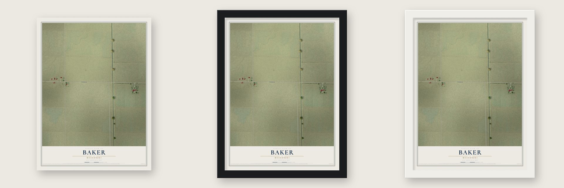 Baker, Missouri map unframed, in a black wood frame and in a white wood frame