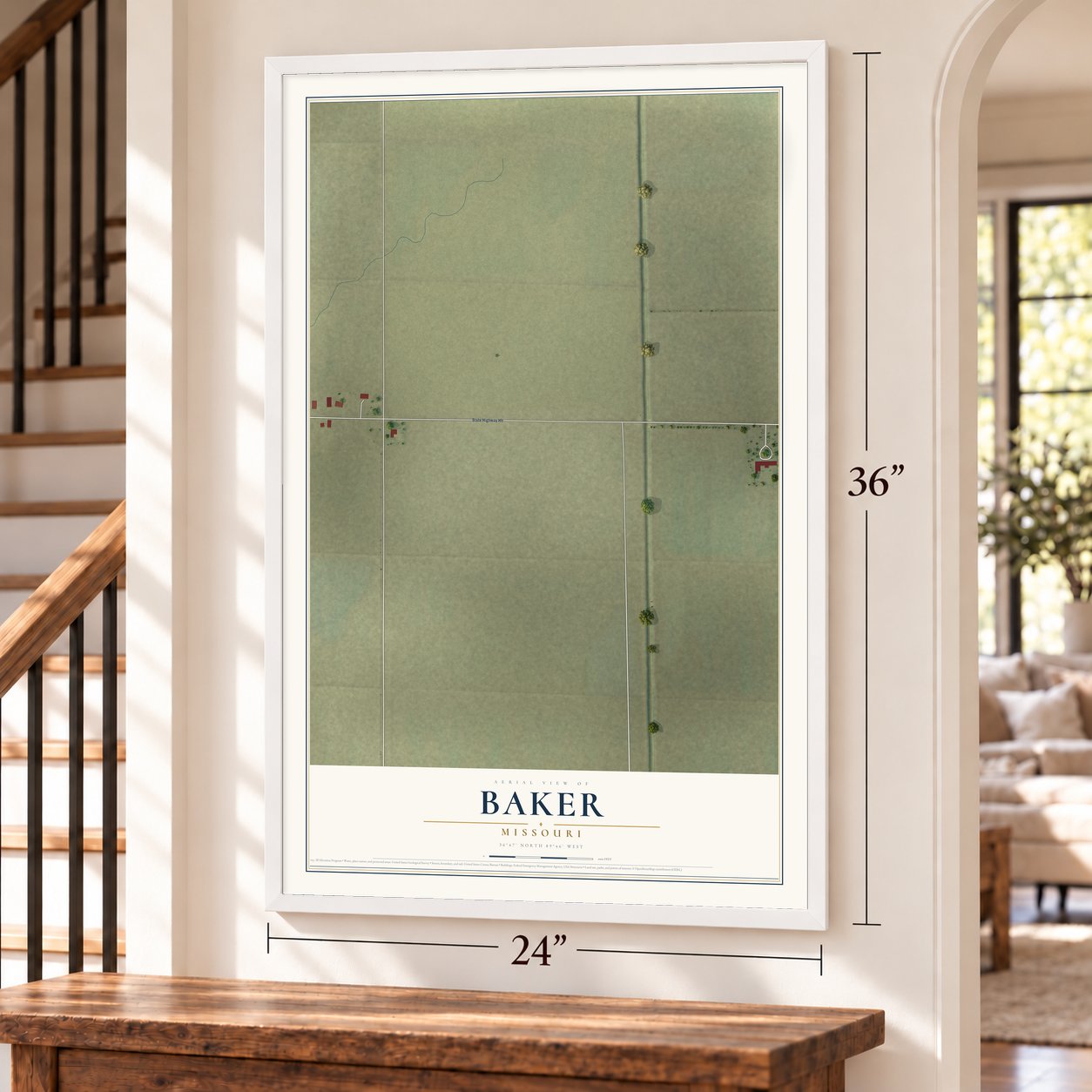 Baker, Missouri map, 24 x 36 inch print in a white frame by a staircase
