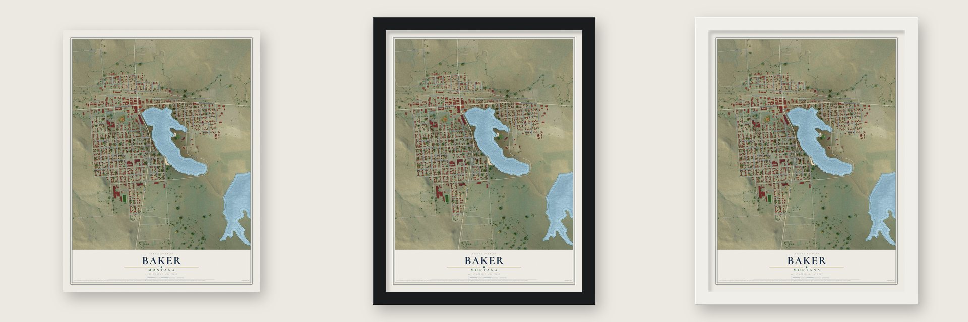 Baker, Montana map unframed, in a black wood frame and in a white wood frame